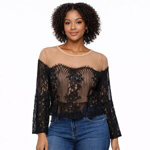 Black Lace Sheer Blouse | Tan Mesh Contrast | Junior Size L